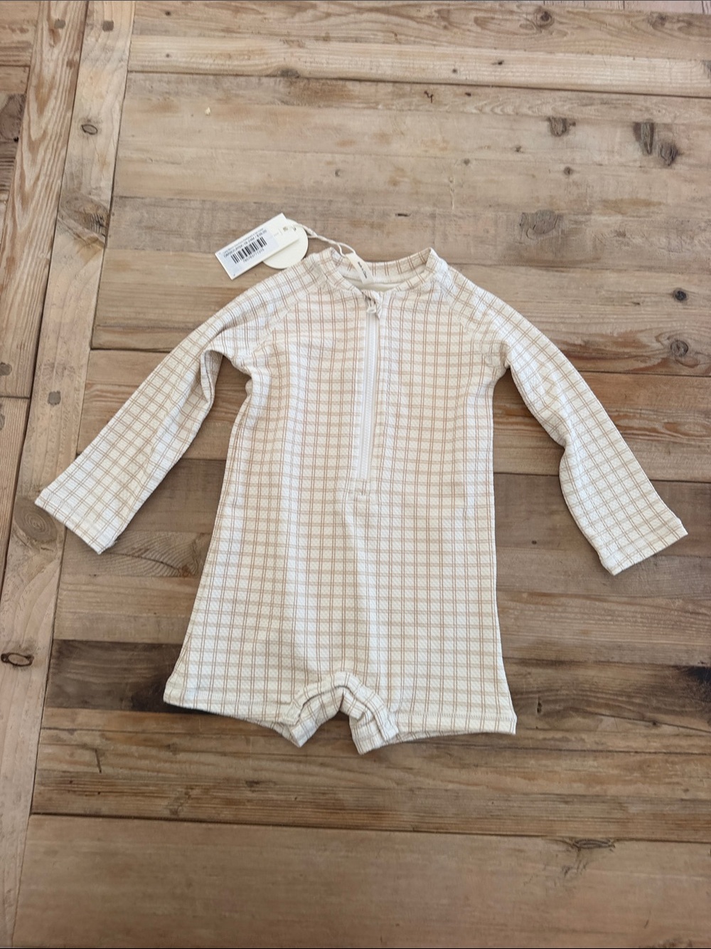Quincy Mae Neutral Grid Long-Sleeve Baby rashguard 18-24m